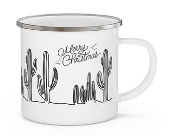 Tazza da campeggio smaltata natalizia, tazza di cioccolata calda per bambini a forma di cactus, festa all'aperto, tazza per bevande da falò, tazza da tè di Buon Natale, tazza di Natale