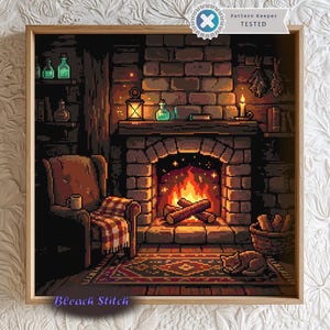 May include: A pixel art cross stitch pattern featuring a cozy room with a brick fireplace, a burning fire, a comfortable armchair with a plaid blanket, a sleeping cat on a patterned rug, and shelves with bottles. Text reads Pattern Keeper TESTED.