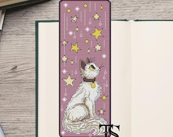 Marcapáginas de gato con patrón de punto de cruz: gato brujo con estrellas, un regalo para los amantes de los gatos y las historias mágicas, patrón para principiantes en formato PDF.