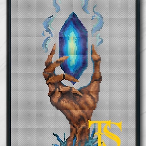 Pixel Art Crystal Cross Stitch – RPG Skeleton Hand Pattern PDF, Gamer Embroidery, DnD Magic Item Design