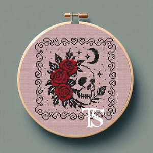 rose skull cross stitch pattern, romantic goth embroidery pdf, tattoo inspired skull with roses, decorative blackwork counted stitch design