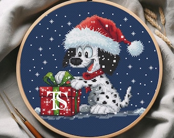 Сross stitch pattern, Christmas cheerful Dolmatian dog in a Santa hat and with a gift in pdf format