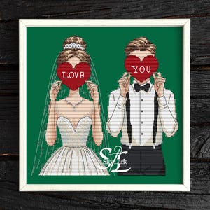 花嫁と花婿のクロスステッチパターン、ロマンチックなウェディングPDFチャート「Love You」刺繍デザイン、カップル向けクロスステッチギフト、即時ダウンロード