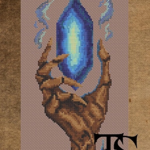 Magic Crystal Cross Stitch Pattern – Fantasy Skeleton Hand PDF, Mystical Embroidery Chart, Dark Blue Gem Digital Download