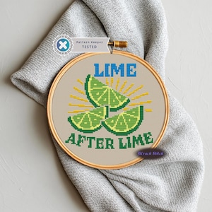 Könnte beinhalten: Ein Kreuzstich-Stickrahmen mit den Worten "LIME AFTER LIME" in Grün und Blau, mit Limettenscheiben-Grafiken und gelben Sonnenstrahlen. Die Stickerei befindet sich auf einem beigen Hintergrund und ist in einem Holzrahmen eingefasst.
