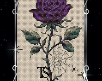 Purple Rose Cross Stitch Pattern PDF, Gothic Floral Embroidery