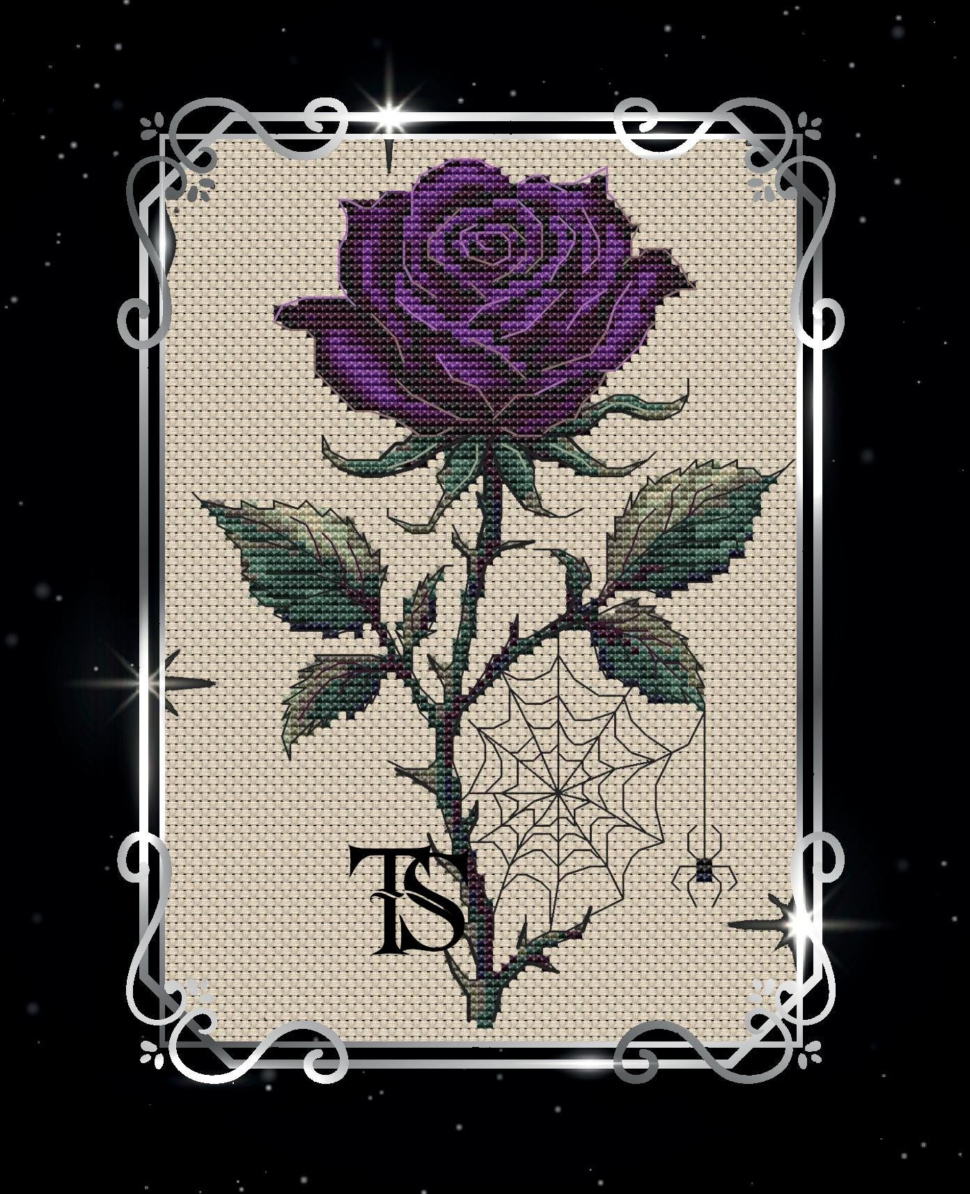 Purple Rose Cross Stitch Pattern PDF, Gothic Floral Embroidery