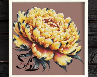 Yellow Peony Cross Stitch Pattern PDF Large Floral Embroidery Design Digital Needlepoint Chart Modern Flower Cross Stitch Instant Download