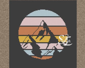 Beginner Friendly Cross Stitch Pattern Modern Mountain  Retro Sunset Landscape PDF Nature Embroidery Design  DIY Needlework Instant Download