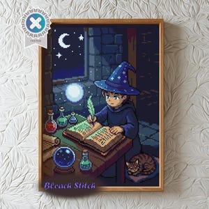 cross stitch Moonlit Wizard Study Cross Stitch Pattern, Fantasy Night Reading Magic Alchemy Room, Celestial Cottagecore Decor