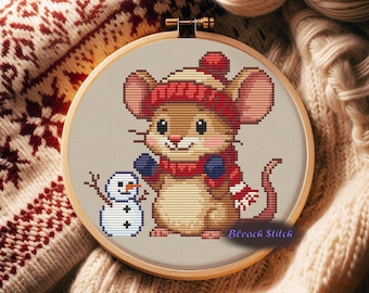 Christmas Mouse Cross Stitch Pattern, Cute Winter PDF, Snowman Embroidery Design, Holiday Xstitch Chart for Beginners