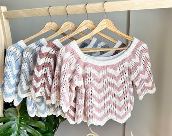 Summer Zigzag Knitted Sweater, Cropped Crochet Top, Open Knit Jumper Shrug, Festival Sweater, Holiday Beach Top, Knitted Jumper