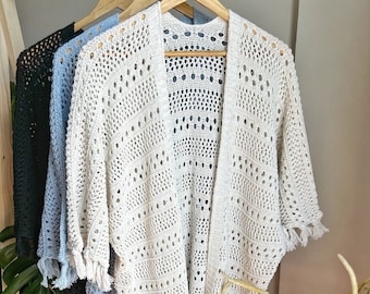 Sommer gestrickte Langarm-Strickjacke, Übergroße Sommer-Strickjacke für Frauen, Stilvolle Strickjacke, Quasten-Häkel-Strickjacke, Geschenk für Mama