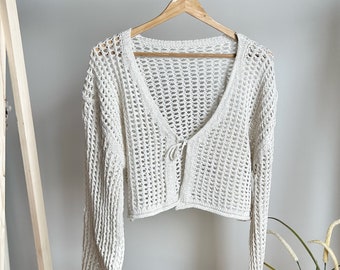 Tie Front Cardigan voor dames, zomer gebreid vest met lange mouwen, stijlvol vest, gehaakt vest, cadeau voor haar, cadeau voor moeder