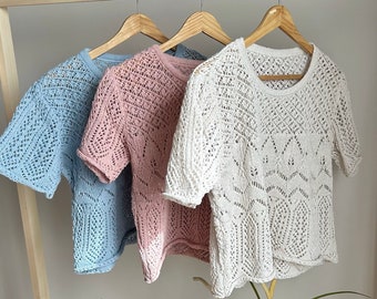 Joli pull d'été en tricot, cadeau pour elle, haut court au crochet, haussement d'épaules de pull en tricot ouvert, pull de festival, haut de plage de vacances, pull en tricot