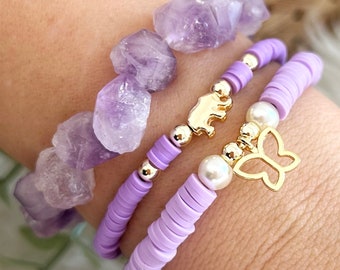 Bracelet de pierres précieuses, bracelet de perles Heishi, bracelets en pâte fimo, cadeaux personnalisés pour elle, bracelet initial avec pierres précieuses naturelles, cadeaux pour maman