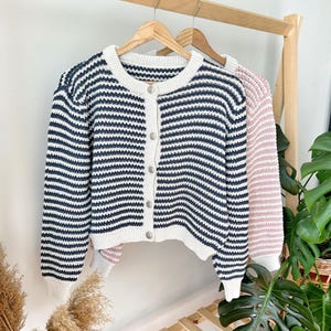 Striped Knitted Cardigan, Cardigan with Metal Buttons, Gift for her, Stylish cardigan, crochet cardigan,  Design Knit Cardigan