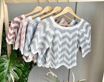 Pull d'été en maille zigzag, haut court en crochet, pull ouvert en tricot, pull de festival, haut de plage pour les fêtes, pull en tricot