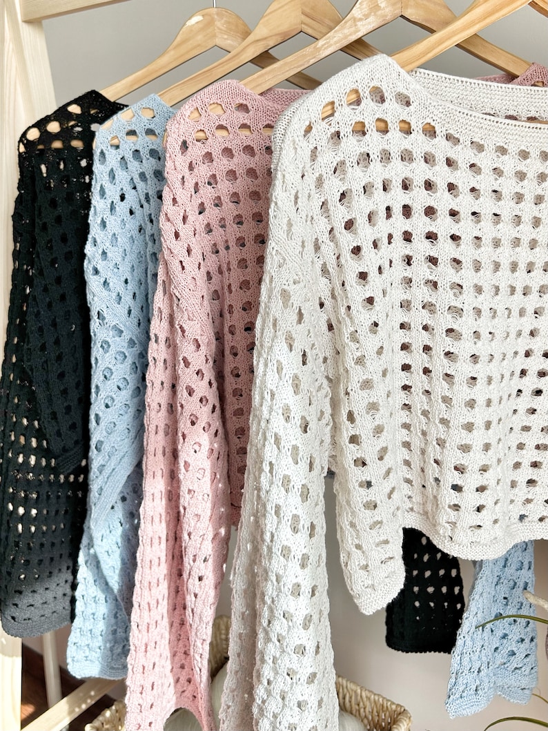 Pull d'été, cadeau pour elle, haut court au crochet, haussement d'épaules de pull en tricot ouvert, pull de festival, haut de plage de vacances, pull en tricot image 8