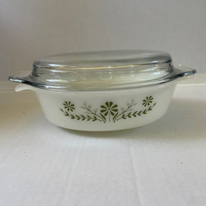 Glasbake Oval Casserole / Lid, Green Daisy Pattern, Milk Glass, Made in USA, 1950s cottage core vintage home decor