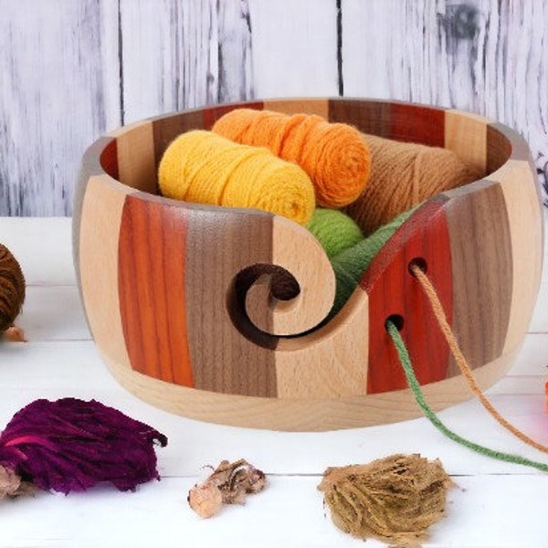 Yarn Bowl, Wooden Yarn Bowl, Round Yarn Holder for Crocheting, Large Crochet Bowl Holder with Carved Holes, Weaving Thread Bowl