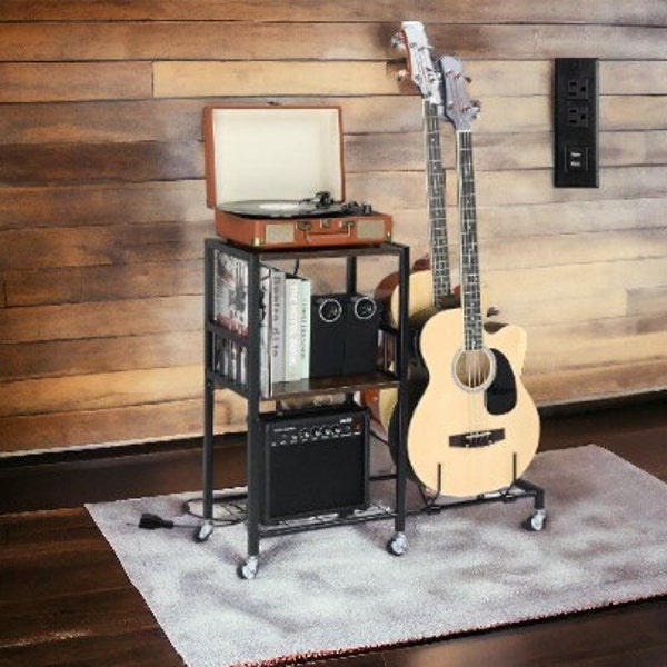Guitar Stand, Table with Cabinet ,Record Player Stand with Display Cabinet, 3 Tier Viny record ,Side Table for Music Studio and Home
