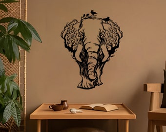 Elephant Tree Metal Wall Art: Indoor Outdoor Wildlife Decor