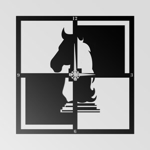 May include: Black and white square wall clock featuring a horse head design. The clock face is divided into four quadrants, with the horse head silhouette in the center. The clock hands are silver.