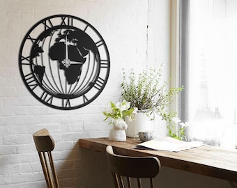 World Map Metal Wall Clock: Roman Numerals, Silent 3D Steel Clock