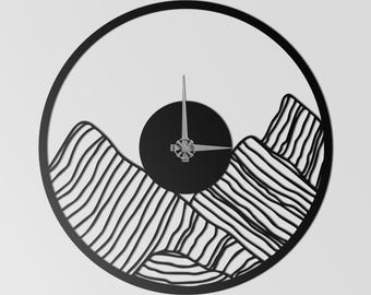 May include: A black and white wall clock with a mountain range design. The clock face is a black circle with silver hands. The mountain range is a series of black, parallel lines. The clock is round and has a black border.