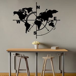 Carte du monde Boussole Décoration murale en métal - Décoration murale - Affichage intérieur et extérieur - Design unique - Tentures murales
