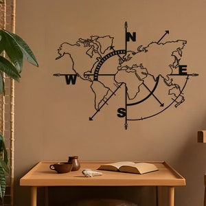 Carte du monde Boussole vide Décoration murale en métal - Décoration murale - Affichage intérieur et extérieur -
