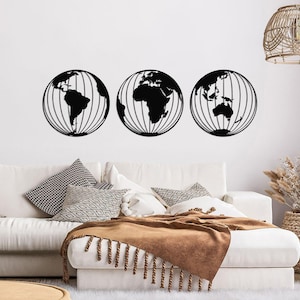 Carte du monde 3 globes Sculpture murale en métal : Décoration murale artisanale - Affichage intérieur - Design unique