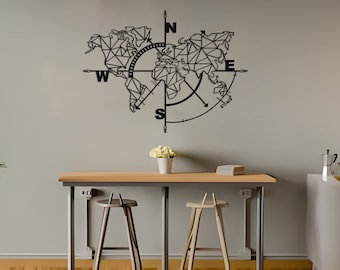 Geometric World Map Metal Wall Art: Indoor Outdoor Decor