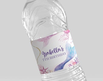 Rótulos de garrafas de água de sereia sob o mar Rótulos de garrafas de água Sereias Rótulos de garrafas de aniversário de meninas Rótulos de água de aniversário sob o mar