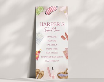 Op de afbeelding: Een roze en witte spa-menu met aquarel illustraties van spa-artikelen, waaronder komkommers, oogmaskers, nagellak, een gezichtsmasker, een glas sap, haarstylingtools en een kom met badzout. De tekst luidt "HARPER'S Spa Menu" en somt spa-diensten op: Manicure, Pedicure, Nageldesign, Gezichtsmasker, Haarstyling, Tijdelijke haarkleur en Glamour Make-up.