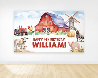 Puede incluir: Una ilustración de acuarela de un granero rojo con un molino de viento, un tractor, un gallo, una vaca, un ternero, un cerdo y una oveja. El texto "Happy 4th Birthday William!" está escrito en letras rojas.