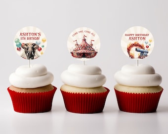 May include: Three cupcakes with red cases and white icing. Each has a circular topper with a circus theme. One says "Ashton's 11th Birthday" with an elephant graphic. Another says "Come One, Come All" with a circus tent. The last says "Happy Birthday Ashton" with a cannon.