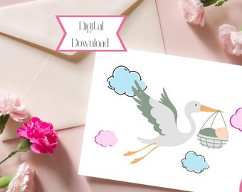 New Baby Card | Stork Delivering Baby (Digital Download)