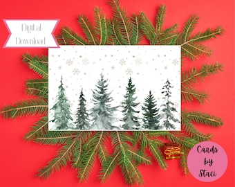 May include: A digital download of a watercolor painting of a snowy forest scene with a row of evergreen trees. The trees are painted in shades of green and gray, and the background is a light gray with white snowflakes.