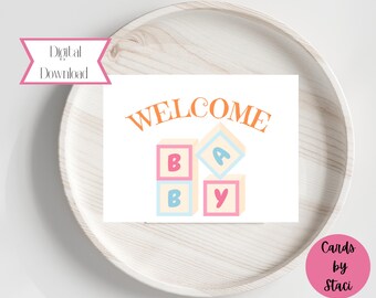 Welkomstkaart voor baby's | Kleurrijke blokkenbegroeting (digitale download)