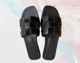 Elegant Women Leather Sandals, Women Sandals, Real Leather Sandals, Greek Women Sandals, Slippers - Black