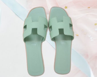 Elegant Women Leather Sandals, Women Sandals, Real Leather Sandals, Greek Women Sandals, Slippers - Green