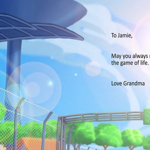 K&ouml;nnte beinhalten: Eine Cartoon-Illustration einer Rennstrecke mit einer Menge von Menschen, die an der Ziellinie jubeln. Der Text "To Jamie, May you always remember to stick to your own race plan in the game of life. Love Grandma" steht auf der rechten Seite des Bildes. Die Ziellinie ist ein gr&uuml;nes Banner mit dem Wort "FINISH" in Wei&szlig;.