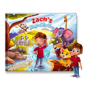 Peut inclure: Une couverture de livre pour enfants color&eacute;e avec le titre "Zach's Magical Zoo Tour". La couverture pr&eacute;sente un gar&ccedil;on de dessin anim&eacute; portant une chemise rouge et un jean bleu debout dans une flaque d'eau avec une &eacute;claboussure d'eau derri&egrave;re lui. Il y a diff&eacute;rents animaux sur la couverture, notamment un z&egrave;bre, un singe, un &eacute;l&eacute;phant, un hippopotame et une girafe.