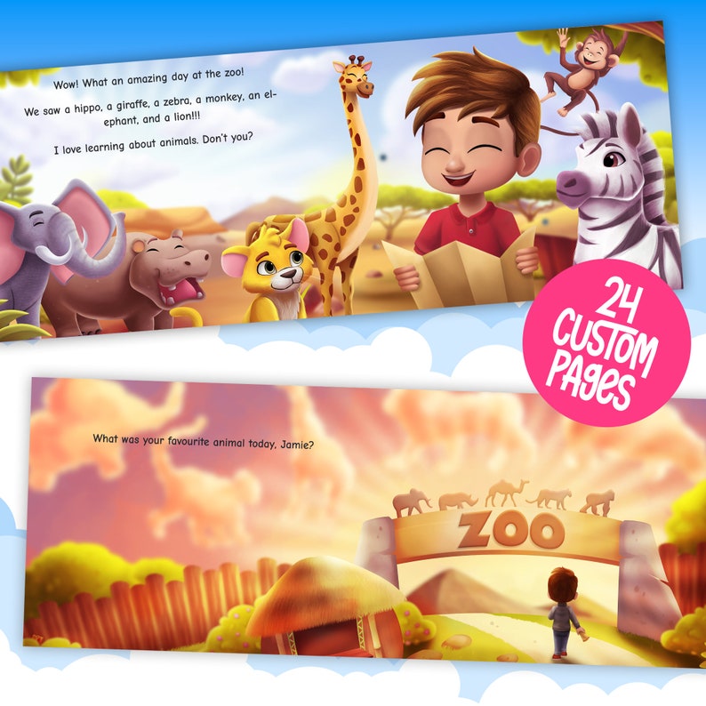 Peut inclure: Une illustration color&eacute;e d'un gar&ccedil;on visitant le zoo. Le gar&ccedil;on tient une carte et sourit. Il est entour&eacute; d'animaux, dont une girafe, un z&egrave;bre, un hippopotame, un &eacute;l&eacute;phant, un lion et un singe. Le texte sur la page dit "Wow ! Quelle journ&eacute;e incroyable au zoo ! On a vu un hippopotame, une girafe, un z&egrave;bre, un singe, un &eacute;l&eacute;phant et un lion !!! J'adore apprendre sur les animaux. Et toi ?" et "Quel &eacute;tait ton animal pr&eacute;f&eacute;r&eacute; aujourd'hui, Jamie ?"