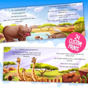 Peut inclure: Une illustration de livre pour enfants repr&eacute;sentant un hippopotame, une girafe et un z&egrave;bre. Le texte sur la page dit "C'est un hippopotame !" et "C'est une girafe !". Le livre est con&ccedil;u pour les jeunes enfants et pr&eacute;sente des couleurs vives et des illustrations simples.