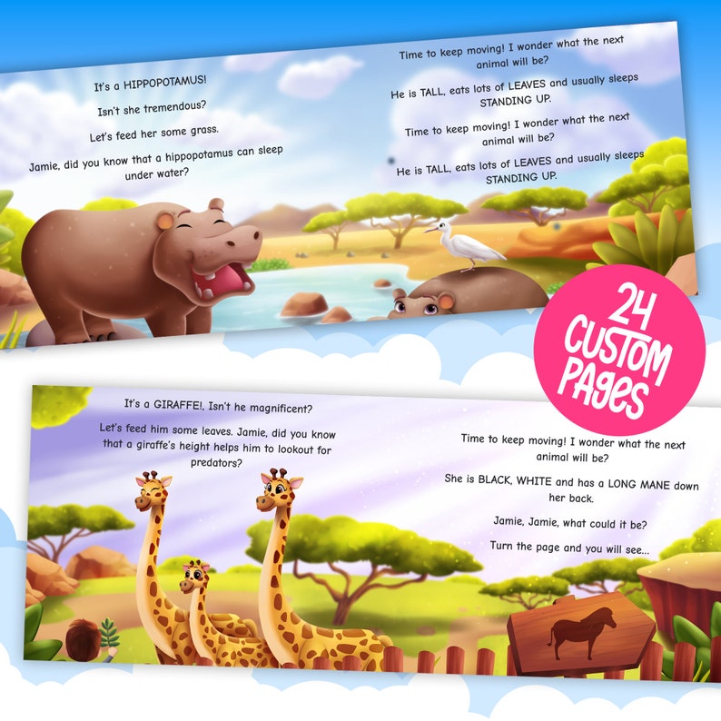 Peut inclure: Une illustration de livre pour enfants repr&eacute;sentant un hippopotame, une girafe et un z&egrave;bre. Le texte sur la page dit "C'est un hippopotame !" et "C'est une girafe !". Le livre est con&ccedil;u pour les jeunes enfants et pr&eacute;sente des couleurs vives et des illustrations simples.