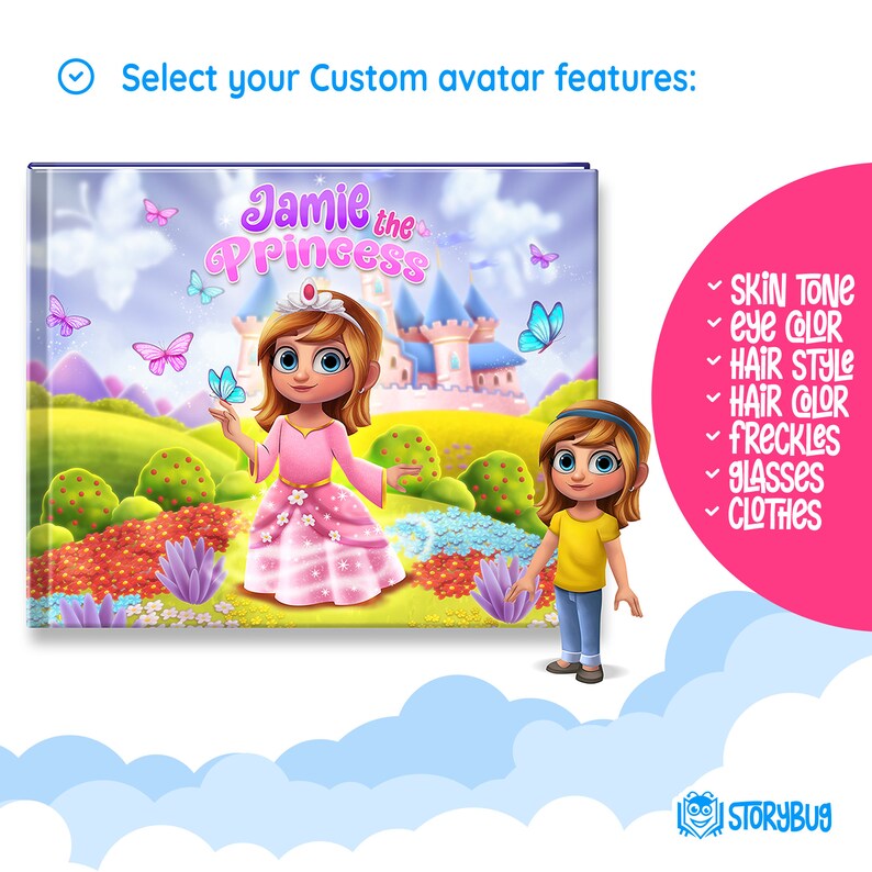 Puede incluir: Una portada de libro con una ilustraci&oacute;n de dibujos animados de una ni&ntilde;a vestida de princesa frente a un castillo. El t&iacute;tulo del libro es "Jamie la Princesa". El texto "Selecciona las caracter&iacute;sticas de tu avatar personalizado" est&aacute; en la parte superior de la imagen. Una lista de opciones de personalizaci&oacute;n est&aacute; en el lado derecho de la imagen: Tono de piel, Color de ojos, Estilo de cabello, Color de cabello, Pecas, Gafas, Ropa.