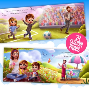 Puede incluir: Un libro ilustrado para ni&ntilde;os colorido con 24 p&aacute;ginas personalizadas. El libro presenta ilustraciones de ni&ntilde;os jugando al f&uacute;tbol, comiendo helado y pasando tiempo con su familia. El texto en las p&aacute;ginas dice "Me encanta cuando pap&aacute; dice 'Nooh, juguemos juntos'. &iexcl;Nos divertimos durante horas y horas y horas!" y "Me encanta cuando pap&aacute; dice helado. &iexcl;Nos lo comemos todo en un abrir y cerrar de ojos!"